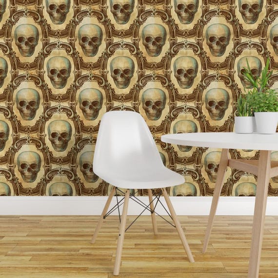 Gothic Wallpaper- Victorian Skulls By Thecalvarium - Goth Vintage Skull Custom Printed Removable Self Adhesive Wallpaper Roll by Spoonflower
