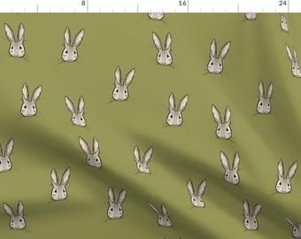 Bunny Fabric - Sweet Rabbit On Olive By Taraput - Woodland Bunny Rabbit Nursery Cotton Fabric By The Yard With Spoonflower