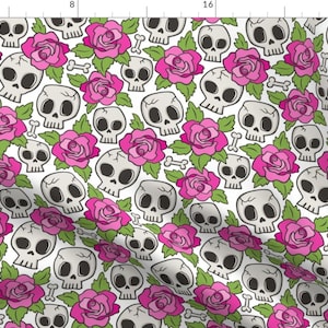 Skulls And Roses Fabric - Skulls And Roses Pink On White By Caja Design - Pink Roses Scary  Cotton Fabric By The Yard With Spoonflower