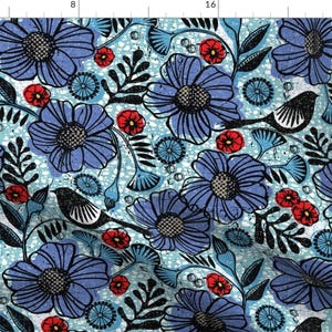 Vintage Floral Fabric - Blue Blooms And Black Birds Floral Flowers Summer By Ottomanbrim - Mod Cotton Fabric by the Yard with Spoonflower