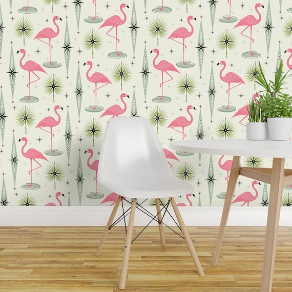 Pink Flamingos Wallpaper - Atomic Flamingo By Studioxtine - Retro Custom Printed Removable Self Adhesive Wallpaper Roll by Spoonflower