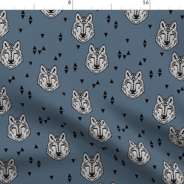 Wolf Fabric - Wolves Baby Nursery Wild Animal Head Gray Blue Geometric Triangle By Andrea Lauren -Cotton Fabric by the Yard With Spoonflower