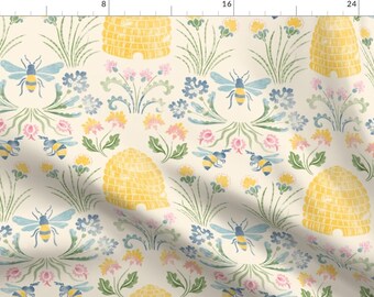 Watercolor Fabric - Beehive Garden by house_of_haricot - Whimsical Floral Wildflowers Bees Hand Painted Fabric by the Yard by Spoonflower