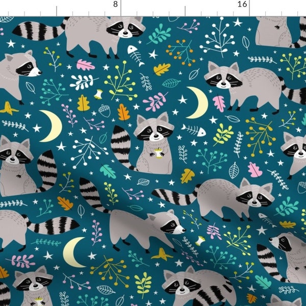 Raccoon Fabric - Trash Pandas Raccoons At Night By Lellobird -Raccoon Kids Nursery Teal Blue Moon Cotton Fabric By The Yard With Spoonflower