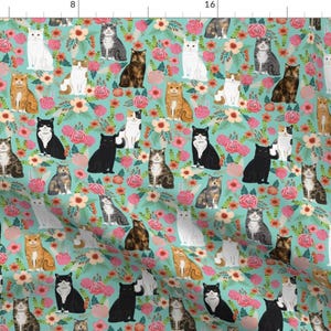 Cat Fabric - Cat Florals Mixed Breeds Pet Fabrics Mint By Petfriendly - Cat Breeds Flowers Aqua Cotton Fabric By The Yard With Spoonflower