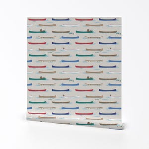 Rustic Removable Peel and Stick Wallpaper - Canoe Boat Summer Woodland Animals - Wall Art Wall Decor - Lake Canoe In Daytime by hootenannit