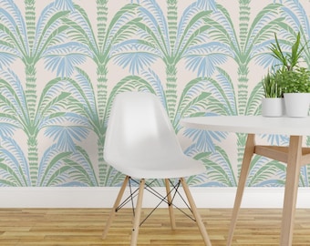 Chic Botanical Peel and Stick Wallpaper - Green Blue Palm Trees Tropical - Removable Wall Decor Art - Millie Beach Palm by holli_zollinger