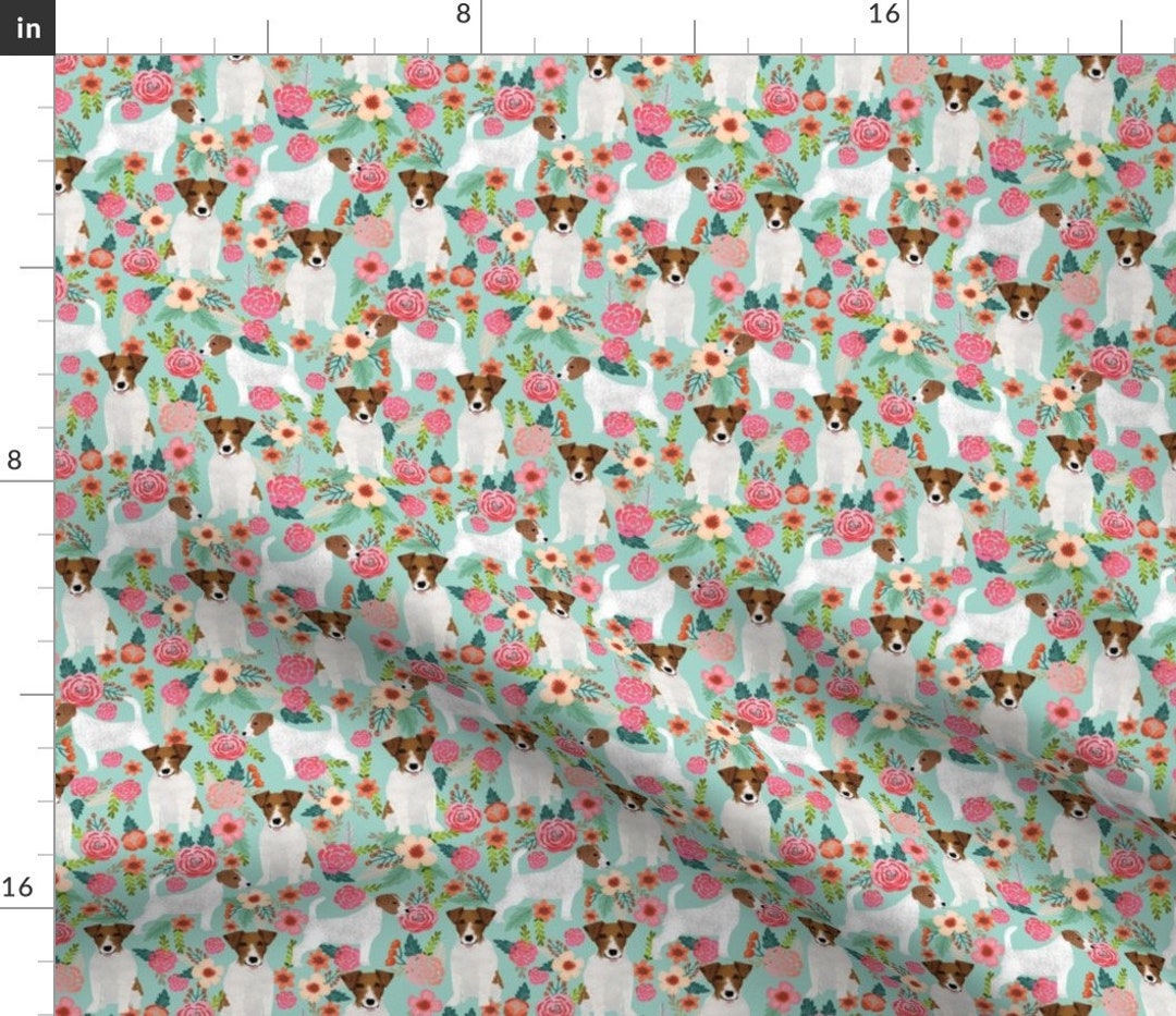 Jack Russell Terrier Fabric Jack Russell Terrier Mint Floral Fabric by ...