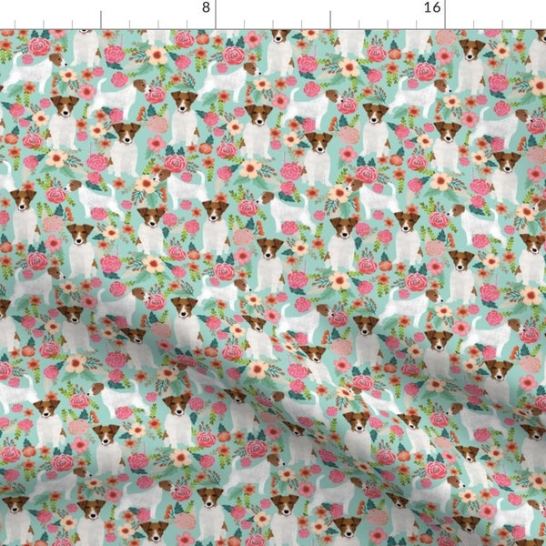 Jack Russell Terrier Fabric - Jack Russell Terrier Mint Floral Fabric By Petfriendly - Dog Cotton Fabric by the Yard with Spoonflower