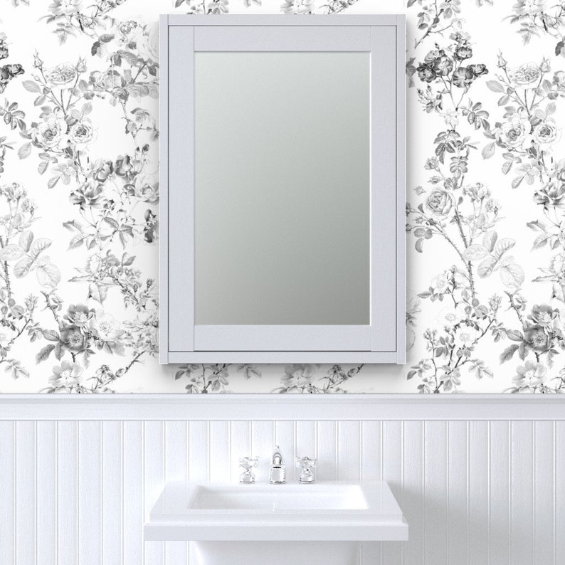 Floral Toile Wallpaper English Rose Black White by Etsy