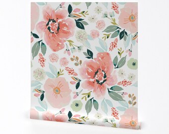 Floral Wallpaper - Tiger Lily Summer By Indybloomdesign - Blush Pink Mint Blue Printed Removable Self Adhesive Wallpaper Roll by Spoonflower