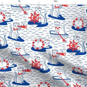 Animals Cat Ship Captains Fabric - Nauticats By Circe Oropeza - Animals Nautical Ship Blue Red Cotton Fabric By The Yard With Spoonflower