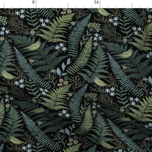 May include: A black background with a repeating pattern of green ferns, white flowers, and yellow birds. The pattern is a seamless design.