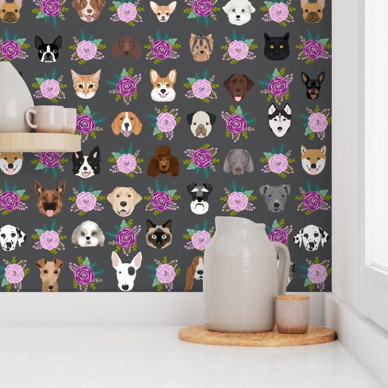 Pets Wallpaper - Dog Cat Floral Pet Lover Purple Gray By Petfriendly - Custom Printed Removable Self Adhesive Wallpaper Roll by Spoonflower image 7