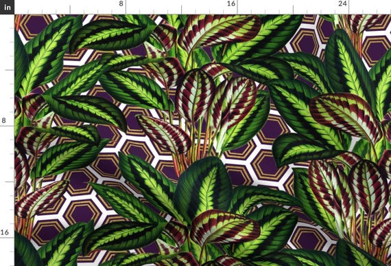 Peacock Plant Fabric - Palm On Polygon White Purple Gold By Wickedrefined - Peacock Plant Green Cotton Fabric By The Yard With Spoonflower