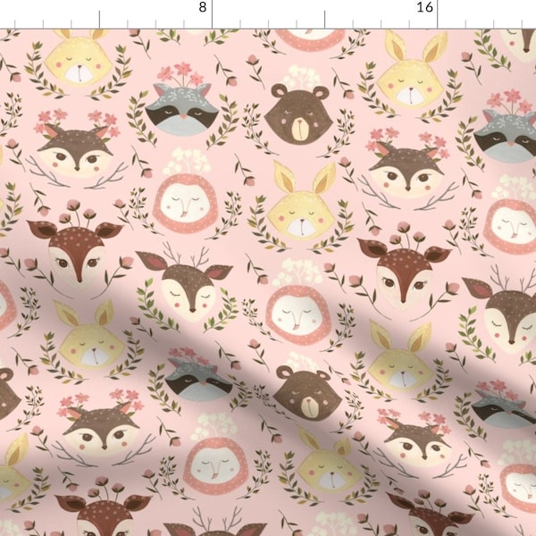 Pink Woodland Animal Heads Fabric - Woodland Faces By Biancapozzi - Bianca Pozzi Cotton Fabric By The Yard With Spoonflower