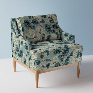 Farmhouse Floral Upholstery Fabric- Retro Floral Teal by fernlesliestudio - Blue Botanical Traditional  Fabric By The Yard With Spoonflower