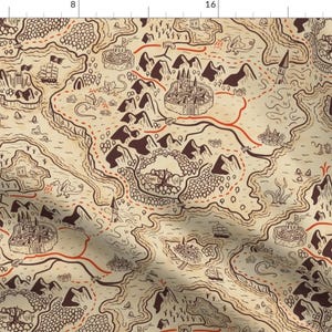 Peut inclure: Un tissu imprimé représentant une carte fantastique dans des tons marron et crème. L'illustration comprend des montagnes, des châteaux, des forêts et des créatures marines marron foncé, reliés par de fines lignes rouges sur fond beige.
