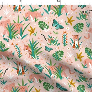 May include: A pink and green jungle-themed fabric with a repeating pattern of elephants, tigers, rhinos, butterflies, and monkeys. The fabric has a light pink background.