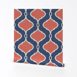 Quatrefoil Wallpaper - Navy And Coral Linen By Willowlanetextiles - Geo Custom Printed Removable Self Adhesive Wallpaper Roll by Spoonflower