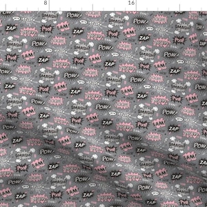 Super Hero Fabric - Superhero Comic Pop Art Speech Bubbles Words Pink On Grey Smaller By Caja Design - Super Hero Fabric With Spoonflower