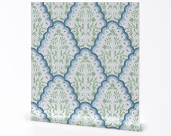 Scallop Botanical Wallpaper - Blue And Green Scallop  by danika_herrick - India Paisley Removable Peel and Stick Wallpaper by Spoonflower