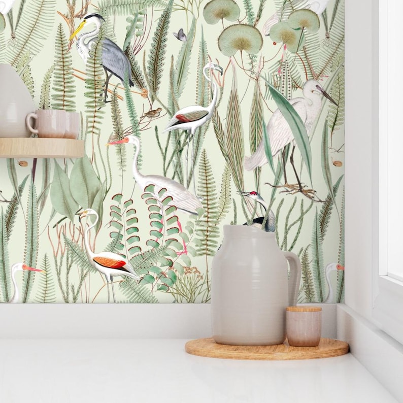 Coastal Wallpaper - Herons In Marsh By Down River Homegoods - Light Green Swamp Bird Removable Self Adhesive Wallpaper Roll by Spoonflower image 7
