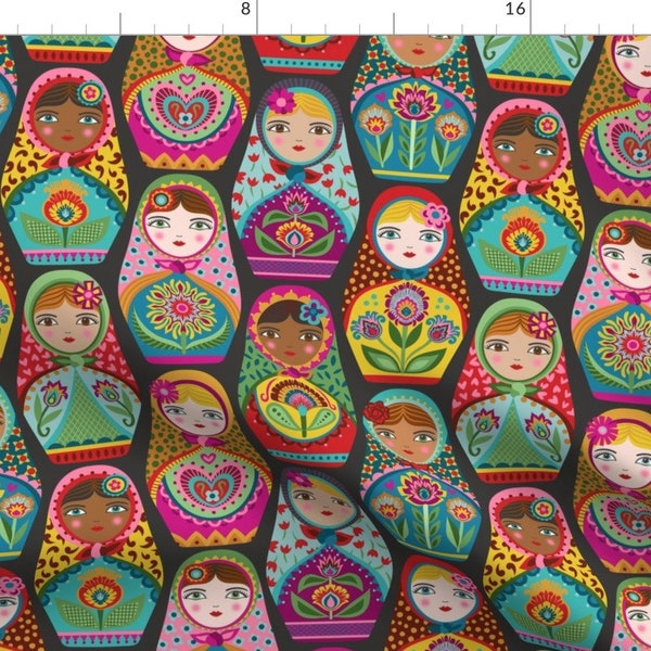 Matryoshka Doll Fabric - Irina And Friends By Groovity - Matryoshka Doll Russian Nesting Black Cotton Fabric By The Yard With Spoonflower