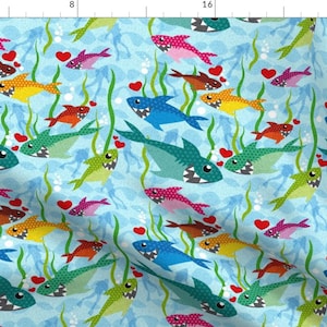 Sharks Fabric - Sharks In Love By Cassiopee - Sharks Under the Sea Baby Nursery Shark Cute Kawaii Cotton Fabric By The Yard With Spoonflower