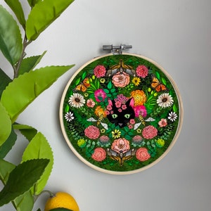 Cat Embroidery Template on Cotton - Garden Surprise By irishvikingdesigns - Embroidery Pattern for 6" Hoop Custom Printed by Spoonflower