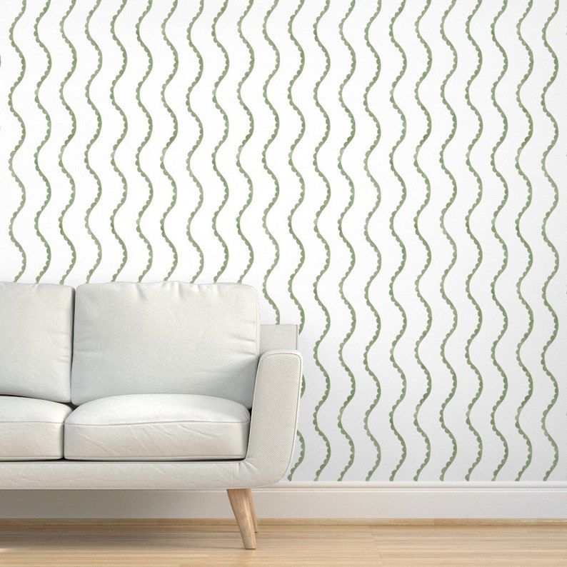 Sage Green Stripe Wallpaper Watercolor Waves Scalloped by Etsy