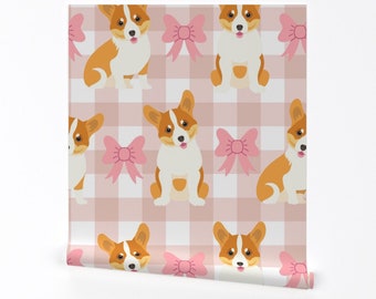 Pembroke Corgis Wallpaper - Corgis Dogs by riveroakstudio - Pink Bows Blush Pink Gingham Removable Peel and Stick Wallpaper by Spoonflower