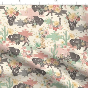 Bison Floral Fabric - Roaming Wild Ranch By Michele Norris - Western Boho Southern Cattle Cowgirl Cotton Fabric By The Yard With Spoonflower