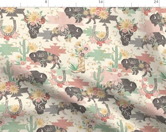 Bison Floral Fabric - Roaming Wild Ranch By Michele Norris - Western Boho Southern Cattle Cowgirl Cotton Fabric By The Yard With Spoonflower