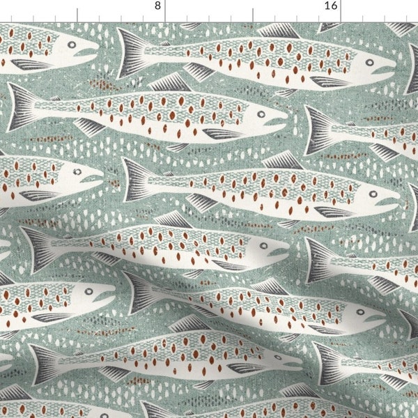 Salmon Fabric - Salmon By Fleabat - Mint Green Fish Trout Animal Wildlife Forest Canada Fishing Cotton Fabric By The Yard With Spoonflower