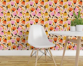 Flower Peel and Stick Wallpaper - Florals Retro Scandi Scandinavian Beige - Removable Wall Decor Art - Happy Retro Flowers  by picturecircus