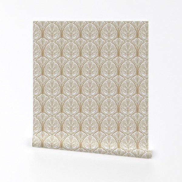 Papel pintado Art Déco - Hoja de roble otoñal de Carabaradesigns - Rollo de papel pintado autoadhesivo extraíble adornado floral de bronce blanco de Spoonflower