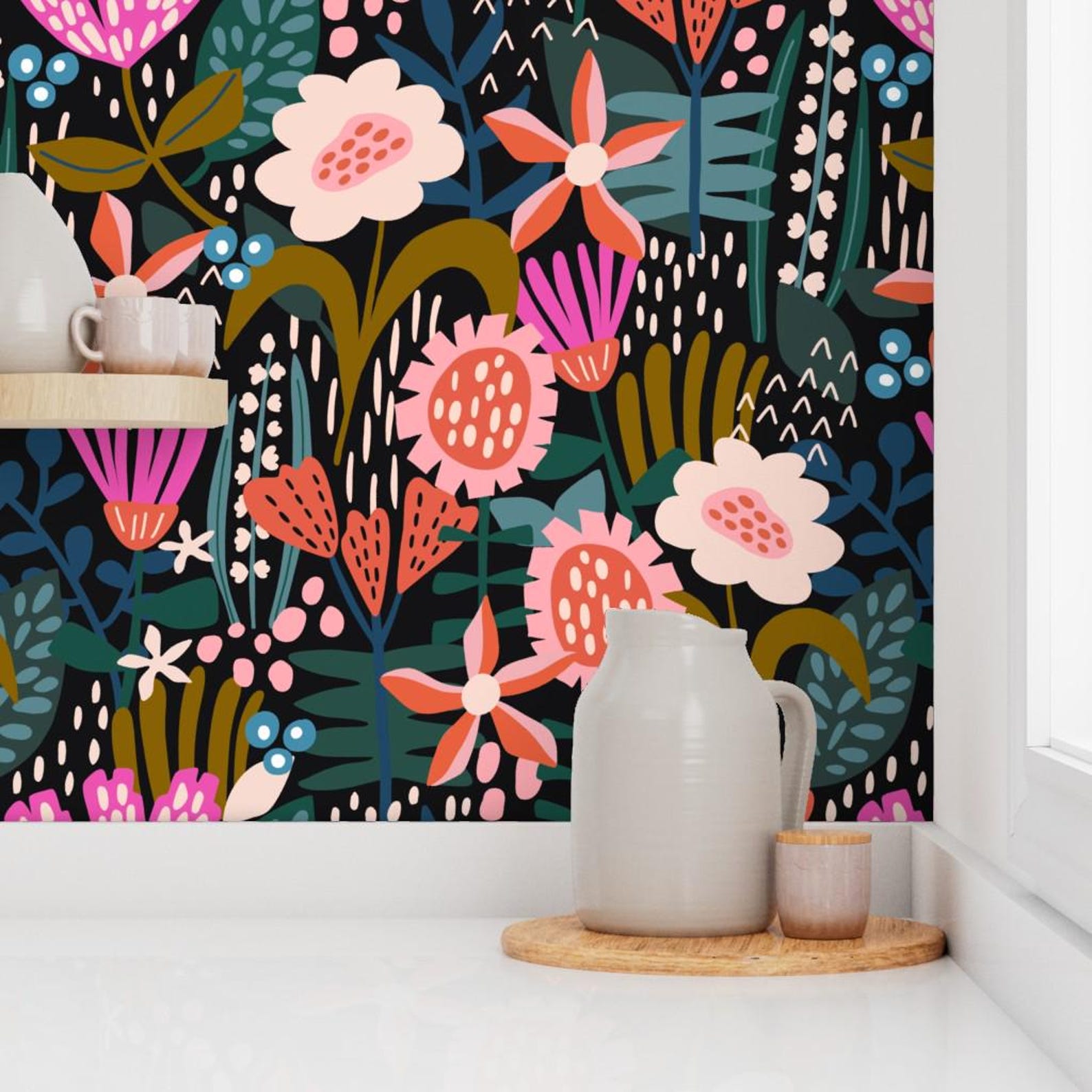Whimsical Floral Removable Peel and Stick Wallpaper - Modern Botanical ...