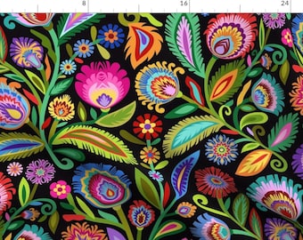 May include: A black background with a colorful floral pattern. The flowers are stylized and have a folk art feel. The colors are bright and vibrant, including red, orange, yellow, green, blue, purple, and pink.