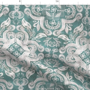Bohemian Fabric - Teal And Grey Dirty Denim Textured Boho Print Large By Micklyn - Blue White Cotton Fabric By The Yard With Spoonflower