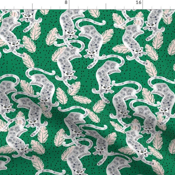 Jaguars On Green Fabric - Tropicana Jaguar (Emerald) By Nouveau Bohemian - Jaguar Cat Feather Dot Cotton Fabric By The Yard With Spoonflower