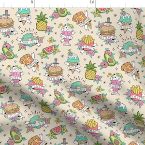 Tattoos Fabric - Food Tattoos On Light Yellow By Caja Design - Tattoos Junk Food Burger Ice Cream Cotton Fabric By The Yard With Spoonflower