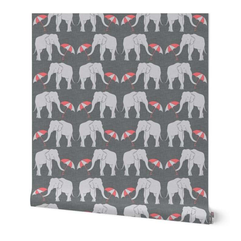 Elephant Wallpaper Elephant and Umbrella Coral by Holli - Etsy