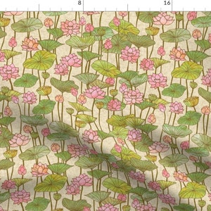 Lotus Fabric - Lotus Flowers {Linen} By Ceciliamok - Lotus Pink Green Vintage Style Botanical Cotton Fabric By The Yard With Spoonflower