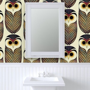 Forest Owls Peel and Stick Wallpaper - Art Deco Earth Tones Nursery Childrens Novelty Library - Removable Wall Decor Art - Owls by nickleen image 8