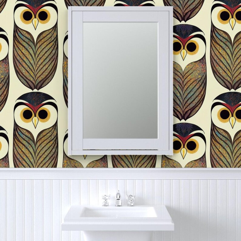 Forest Owls Peel and Stick Wallpaper - Art Deco Earth Tones Nursery Childrens Novelty Library - Removable Wall Decor Art - Owls by nickleen image 8