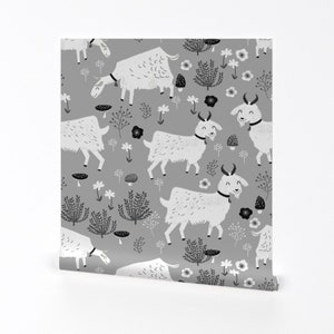 Goats Fabric - Goats // Gray Farm Animal Black White By Andrea Lauren - Custom Printed Removable Self Adhesive Wallpaper Roll by Spoonflower