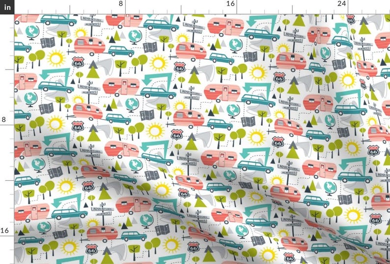 Camping Vacation Fabric - Road Trip - Retro Summer Camping By Heatherdutton - Summer Camping Cotton Fabric By The Yard With Spoonflower image 1
