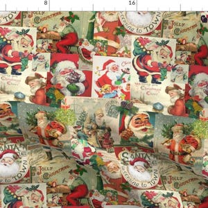 Vintage Holiday Card Fabric - Vintage Santa Cards by nerd-and-vine - Vintage Green Red Retro Holiday Santa Fabric by the Yard by Spoonflower