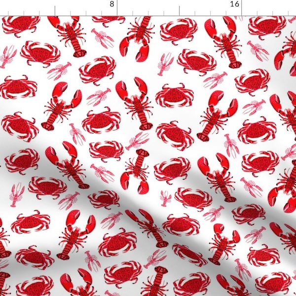 Red Crab And Lobsters Fabric - Crab And Lobster // White Crabs Lobsters Nautical Fish Ocean Sea Red Pink Summer Fishing By Andrea Lauren